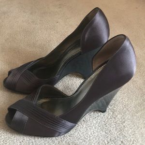 Grey Satin Nicole Miller Peep-Toe Heels